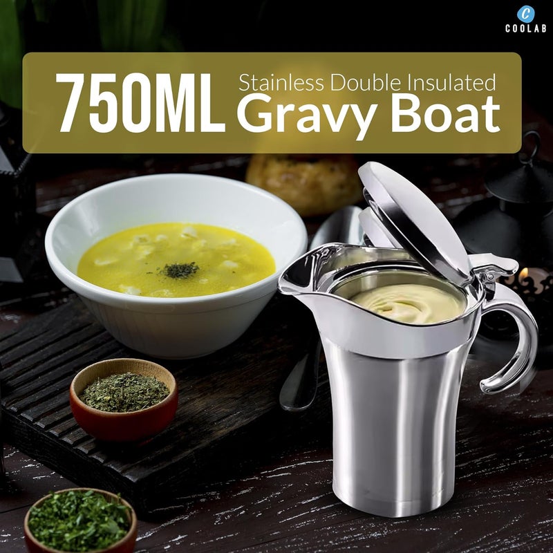Coolab 750ML Stainless Steel Gravy Boat with Lid – Double Insulated Gravy Pitcher for Hot & Cold Sauces – Elegant Sauce Boat Small Gravy Server for Steak, Turkey, and Holiday Dinners - Image 5
