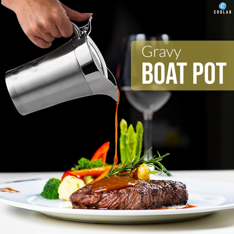 Coolab 750ML Stainless Steel Gravy Boat with Lid – Double Insulated Gravy Pitcher for Hot & Cold Sauces – Elegant Sauce Boat Small Gravy Server for Steak, Turkey, and Holiday Dinners - Image 4