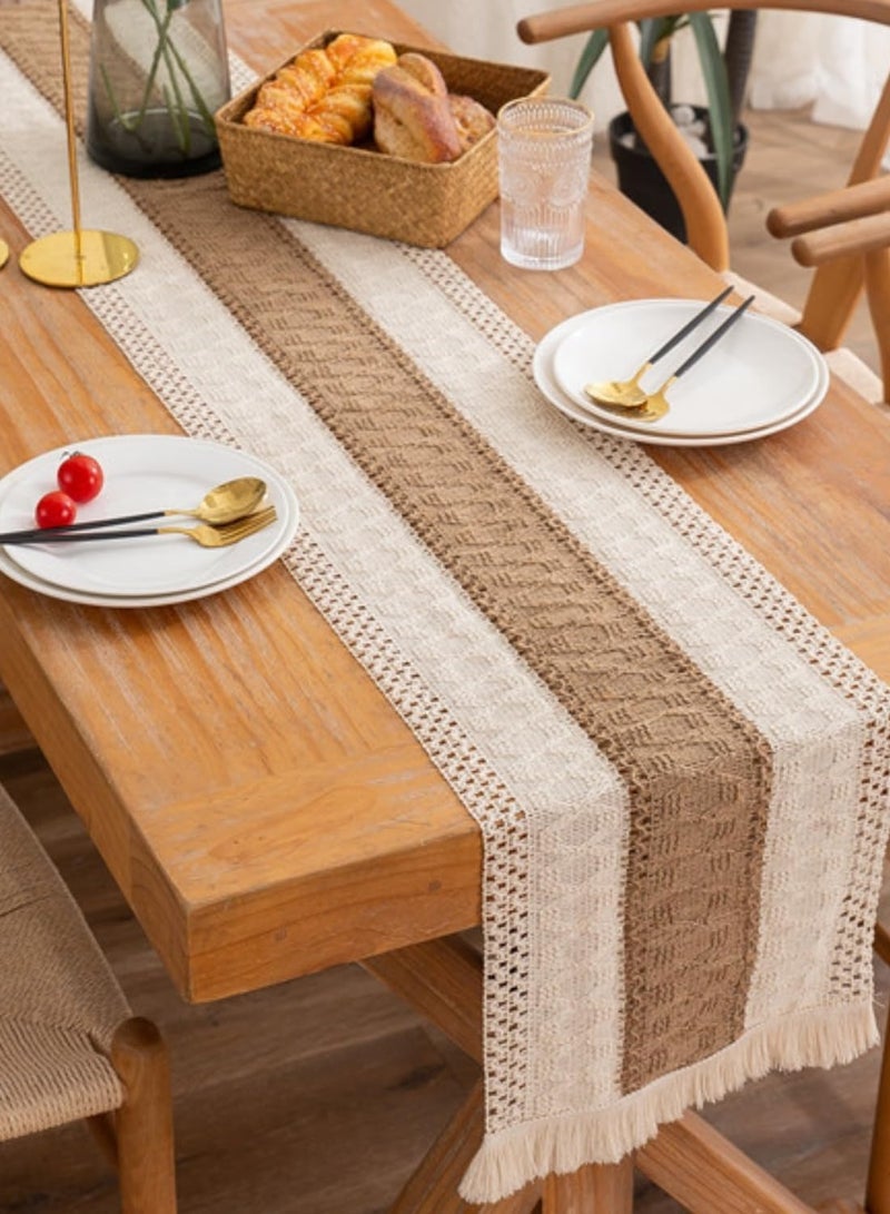 Arabest Table Runners with Tassels Vintage Boho Table Cover, Natural Burlap Table Runner, Modern Farmhouse Decor Rustic Woven Cotton Crochet Lace for Dining Room Kitchen Wedding Party Holiday Decors(30*180cm, Beige)  - Image 3