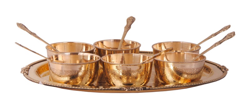 Shiv Shakti Arts Brass Tray Bowl Set for Serving Snacks, Dessert, Main Course at Home, Hotel Mughlai Finish Set (1 Tray+6 Bowls+6 Spoons) - Image 1