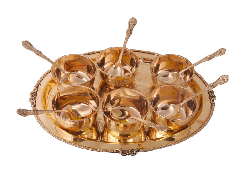 Shiv Shakti Arts Brass Tray Bowl Set for Serving Snacks, Dessert, Main Course at Home, Hotel Mughlai Finish Set (1 Tray+6 Bowls+6 Spoons) - Image 4