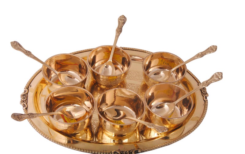 Shiv Shakti Arts Brass Tray Bowl Set for Serving Snacks, Dessert, Main Course at Home, Hotel Mughlai Finish Set (1 Tray+6 Bowls+6 Spoons) - Image 5
