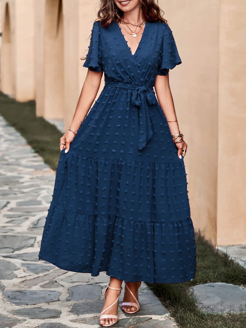 MASCOMODA Dresses for Women 2026 Short Flutter Sleeve Tiered Maxi Swiss Dot Solid V Neck Wedding Guest Dress with Belt(Navy,Medium) - Image 4