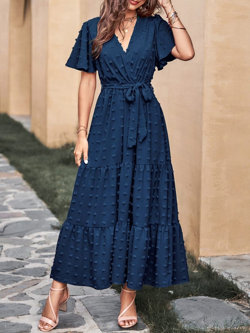 MASCOMODA Dresses for Women 2026 Short Flutter Sleeve Tiered Maxi Swiss Dot Solid V Neck Wedding Guest Dress with Belt(Navy,Medium) - Image 2