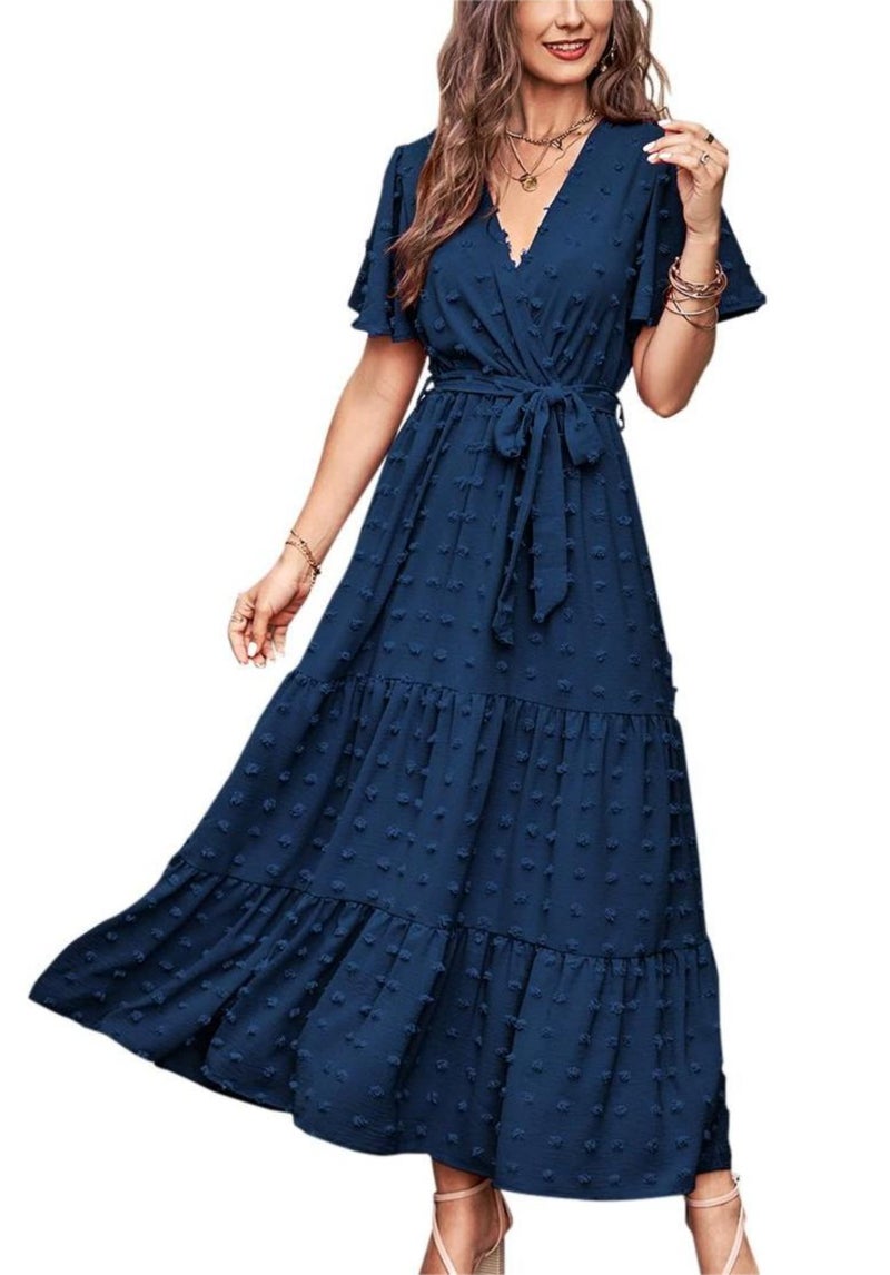 MASCOMODA Dresses for Women 2026 Short Flutter Sleeve Tiered Maxi Swiss Dot Solid V Neck Wedding Guest Dress with Belt(Navy,Medium) - Image 1