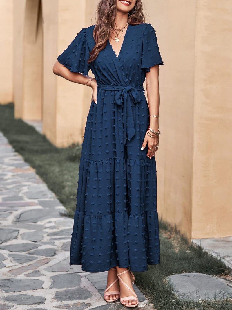MASCOMODA Dresses for Women 2026 Short Flutter Sleeve Tiered Maxi Swiss Dot Solid V Neck Wedding Guest Dress with Belt(Navy,Medium) - Image 3