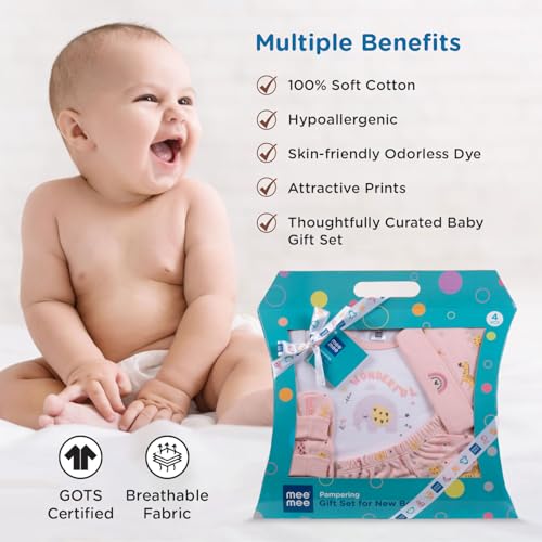 Mee Mee New Born Baby Gift Set | Soft Cotton Clothing Essentials for Infants/Baby Girls, Boys | Baby Shower Clothing Hamper (4 Pieces, Pink)| Ideal Gift for New Born Baby - Image 5