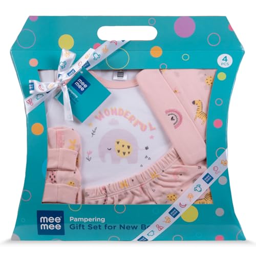Mee Mee New Born Baby Gift Set | Soft Cotton Clothing Essentials for Infants/Baby Girls, Boys | Baby Shower Clothing Hamper (4 Pieces, Pink)| Ideal Gift for New Born Baby - Image 1