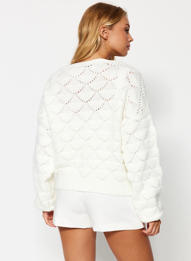 trendyol Ecru Openwork/Perforated V-Neck Knitwear Cardigan - Image 5