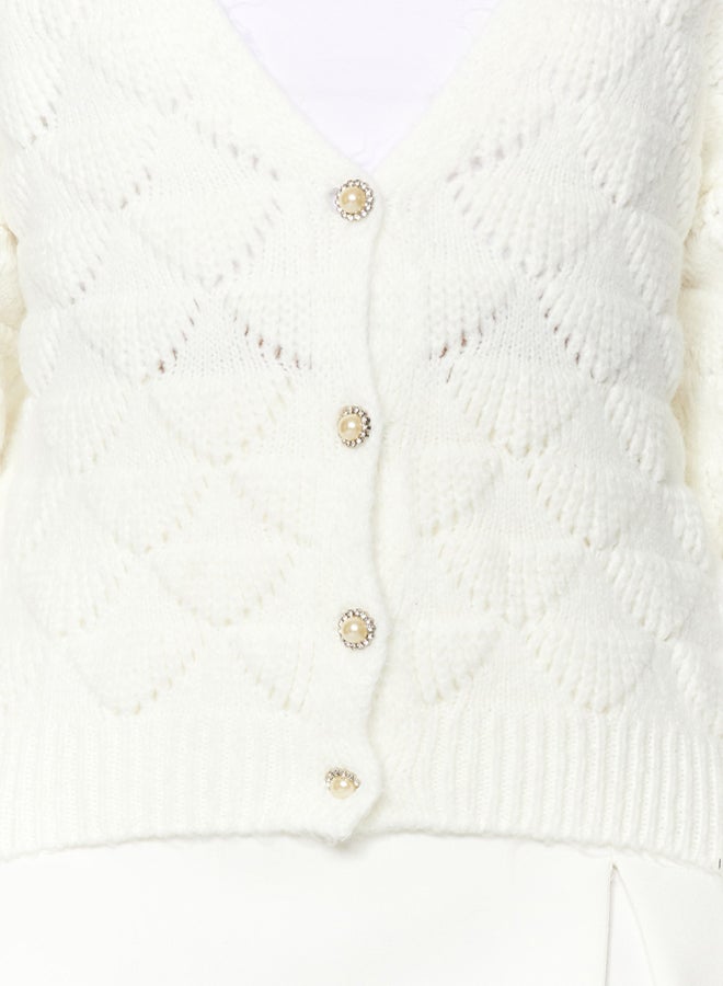 trendyol Ecru Openwork/Perforated V-Neck Knitwear Cardigan - Image 4