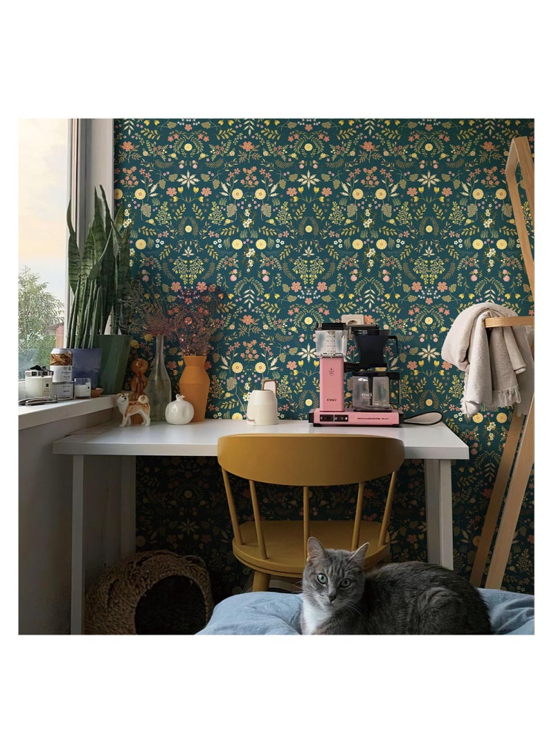 KASTWAVE Floral Peel and Stick Wallpaper Dark Blue Vintage Wallpaper Wildflower Wall Paper Self Adhesive Contact Paper Boho Removable Wallpaper for Cabinet Bedroom Decor(44*30cm)  - Image 4