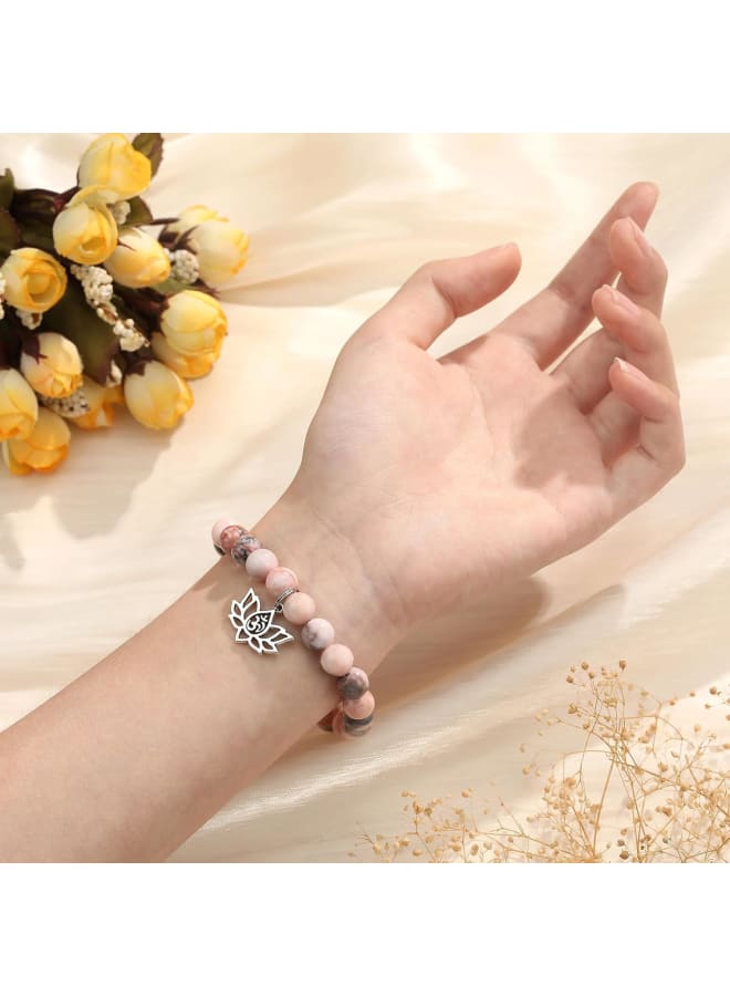 MIXJOY Yoga Spiritual Gifts for Women, Lotus Flower Natural Stone Pink Beads Elastic Bracelet, Energy Reiki Karma Gift, Medium, Stone, no gemstone  - Image 4
