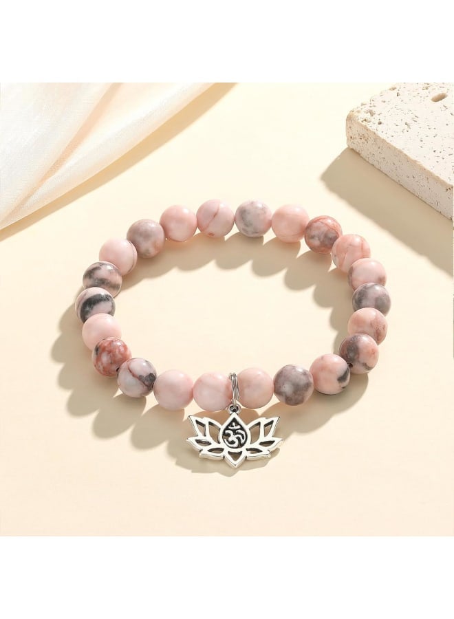 MIXJOY Yoga Spiritual Gifts for Women, Lotus Flower Natural Stone Pink Beads Elastic Bracelet, Energy Reiki Karma Gift, Medium, Stone, no gemstone  - Image 2