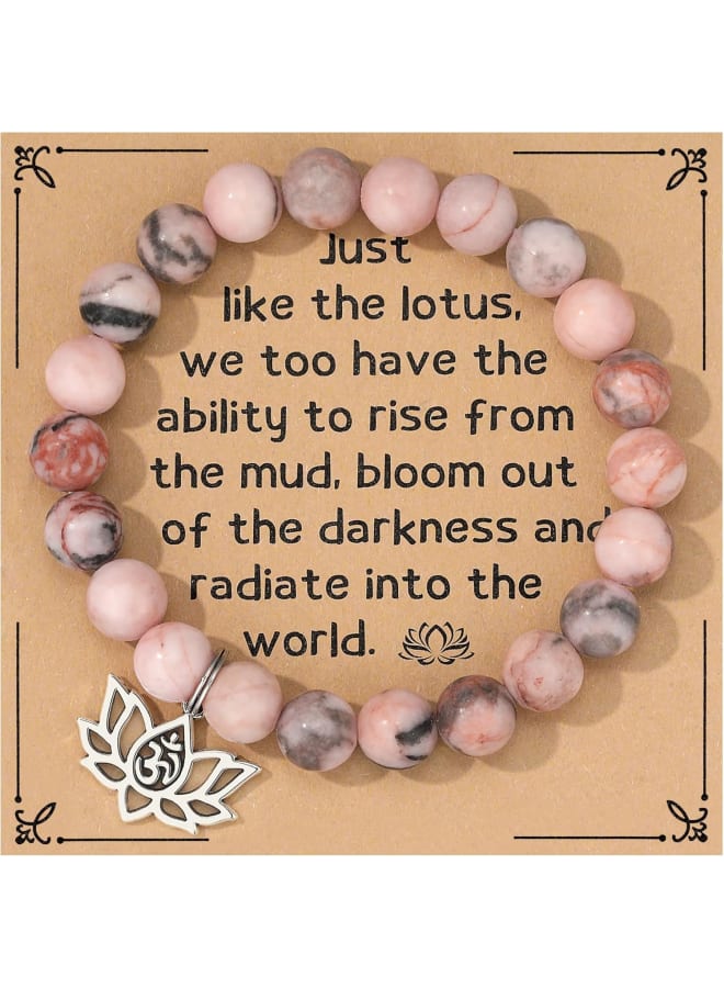 MIXJOY Yoga Spiritual Gifts for Women, Lotus Flower Natural Stone Pink Beads Elastic Bracelet, Energy Reiki Karma Gift, Medium, Stone, no gemstone  - Image 1