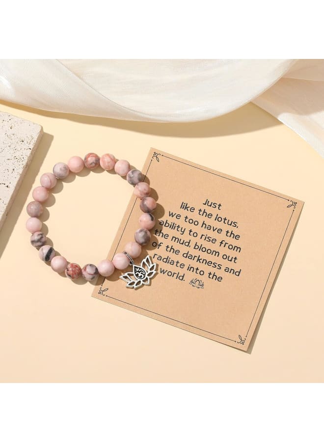 MIXJOY Yoga Spiritual Gifts for Women, Lotus Flower Natural Stone Pink Beads Elastic Bracelet, Energy Reiki Karma Gift, Medium, Stone, no gemstone  - Image 3