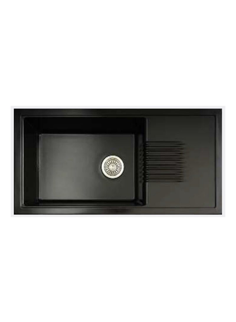 Granite Topmount Kitchen Sink - SZS0801026, Black Color, 80 % Quartz 20 % Acrylic Resin, Single Bowl with Drain, Basket Waste & Pipe Included, 915 × 458 × 210