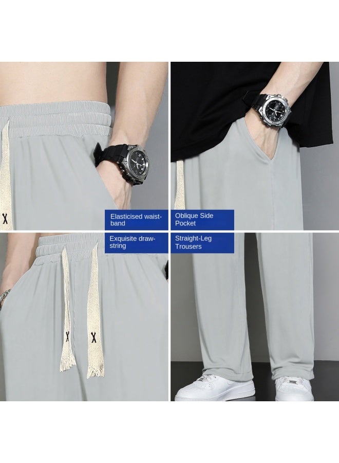 Icy Silk Texture】summer Men's Korean Style Pants, Versatile Sport Pants, Fashionable Thin Drawstring Student Straight-leg Trousers - Image 5