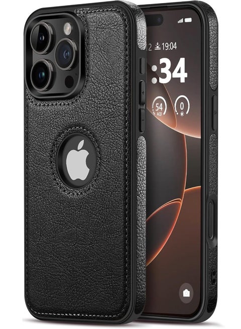 iPhone 16 Pro Max Case, Vegan Leather Protective Case for iPhone 16 Pro Max 6.9", Luxury, Elegant and Beautiful Design Cover, Non-Slip Vintage Looking Perfect Leather Back Cover (Black)