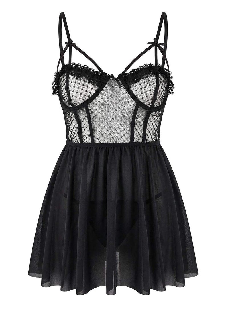 trendyol Black Bust Detailed Polka Dot Babydoll/Fantasy Nightgown - Image 3