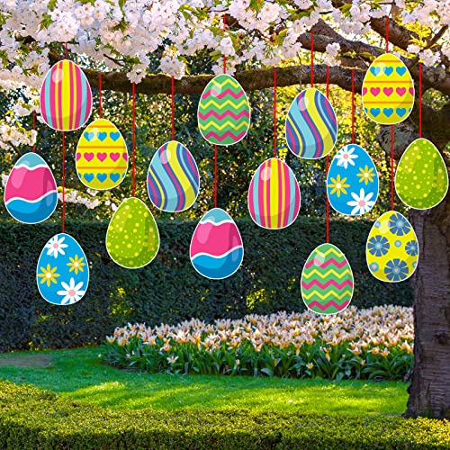 gisgfim 16 Pieces Easter Egg Outdoor Hanging Ornaments Easter Outdoor Decorations Happy Easter Hanging Porch Tree Yard Lawn Decor DoubleSide Printed - Image 1