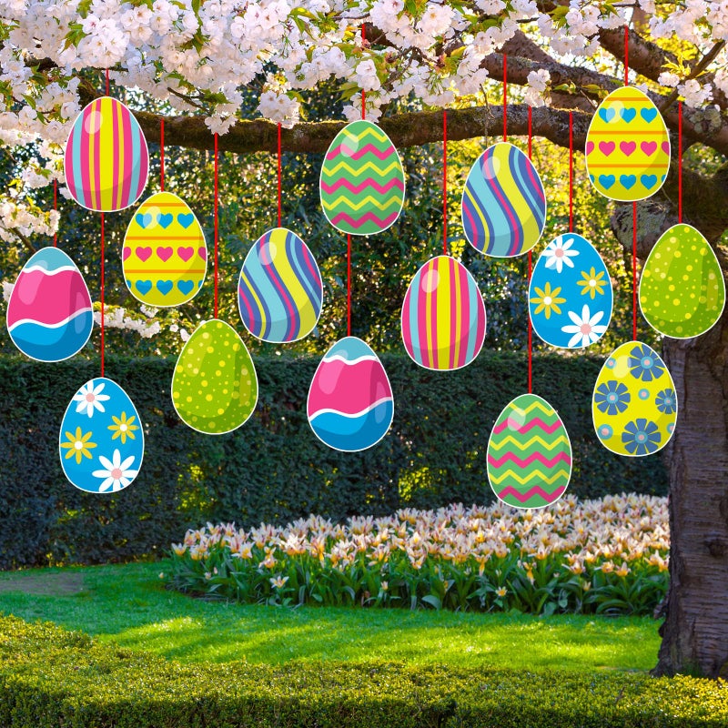 gisgfim 16 Pieces Easter Egg Outdoor Hanging Ornaments Easter Outdoor Decorations Happy Easter Hanging Porch Tree Yard Lawn Decor DoubleSide Printed - Image 2