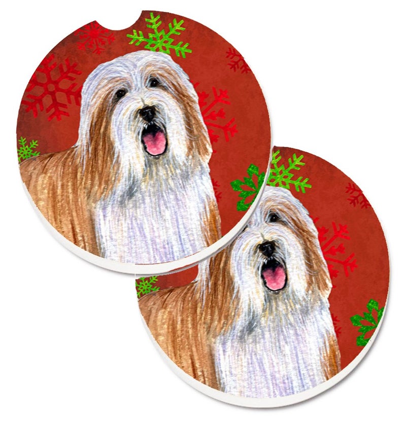 Caroline's Treasures LH9330CARC Bearded Collie Red and Green Snowflakes Holiday Christmas Set of 2 Cup Holder Car Coasters Absorbent Sandstone Coasters for Car Cup Holders Gifts for Men or Women  Larg