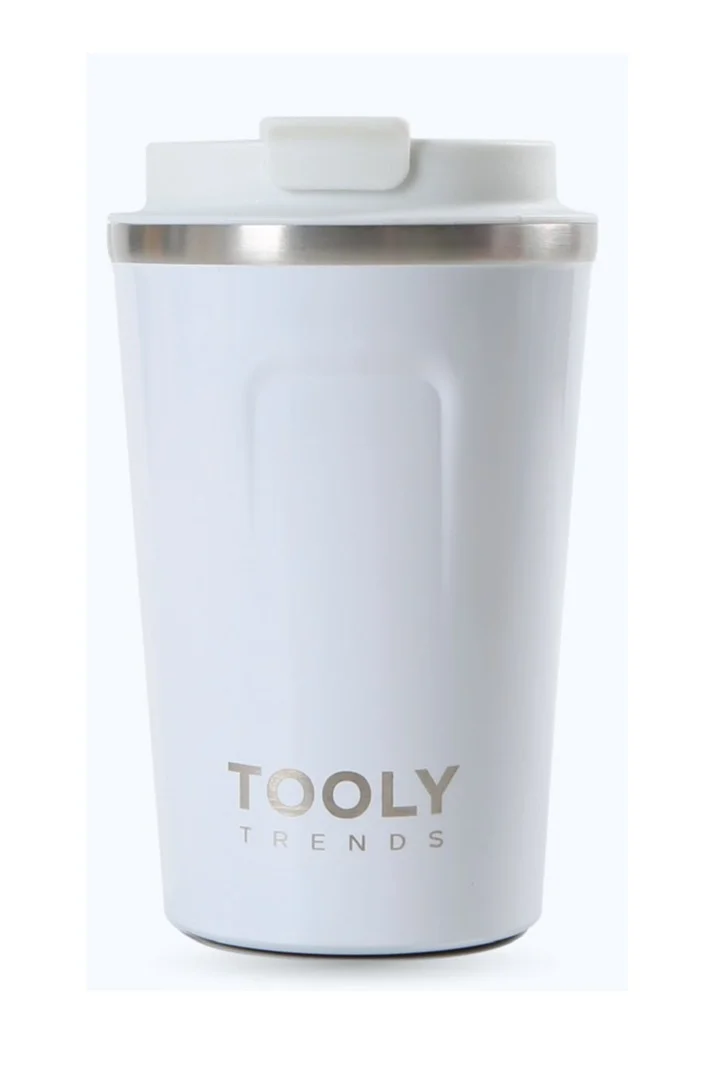 TOOLY Insulated Travel Mug, Coffee Mug, Stainless Steel Rim, White (380ML)