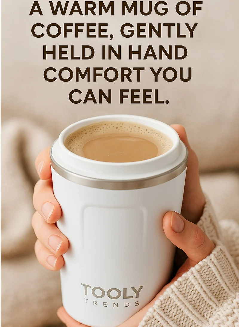 TOOLY Insulated Travel Mug, Coffee Mug, Stainless Steel Rim, White (380ML)