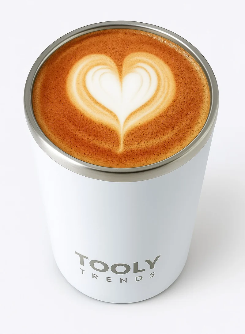 TOOLY Insulated Travel Mug, Coffee Mug, Stainless Steel Rim, White (380ML)