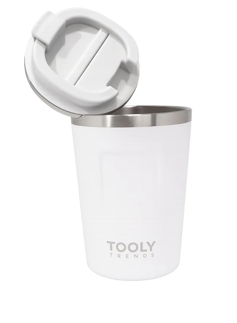 TOOLY Insulated Travel Mug, Coffee Mug, Stainless Steel Rim, White (380ML)