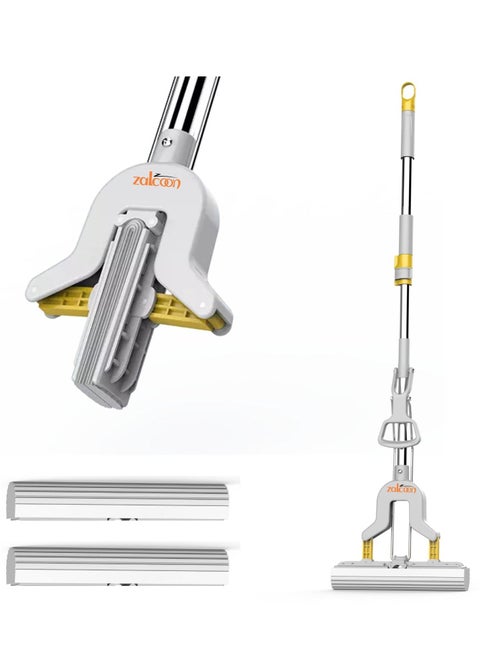 PVA Folding Sponge Mop 28cm, Telescopic Handle Folding Squeeze| 2 Extra Super Absorbent PVA Sponge Refill | Household Cleaning Tool |Best for Kitchen, Tiles, Multi-Surface Hard Floor (1+2)