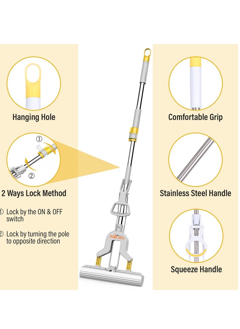Zalcoon PVA Folding Sponge Mop 28cm, Telescopic Handle Folding Squeeze| 2 Extra Super Absorbent PVA Sponge Refill | Household Cleaning Tool |Best for Kitchen, Tiles, Multi-Surface Hard Floor (1+2)  - Image 2