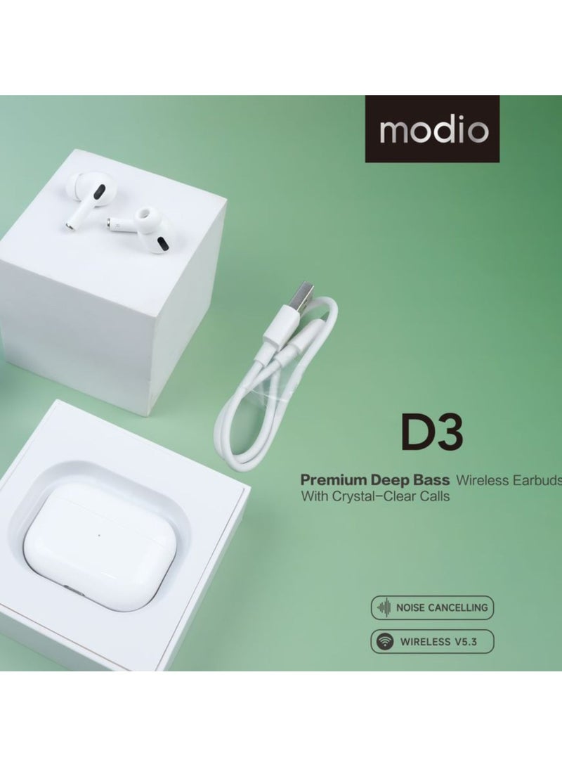 modio D3 Deep Bass Wireless Earbuds with Crystall Clear Calls|Noise Cancelling| Wireless V5.3|250mAh Case Battery _White - Image 5