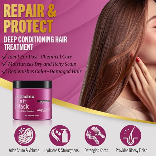 Jenoris Pistachio Hair Mask for Dry Damaged Hair – Deep Conditioning Hair Mask Treatment with Pistachio Oil & Vitamin E, For Color-Treated Hair, For Hair Repair, Paraben & Salt Free, 16.9 Fl Oz - Image 4