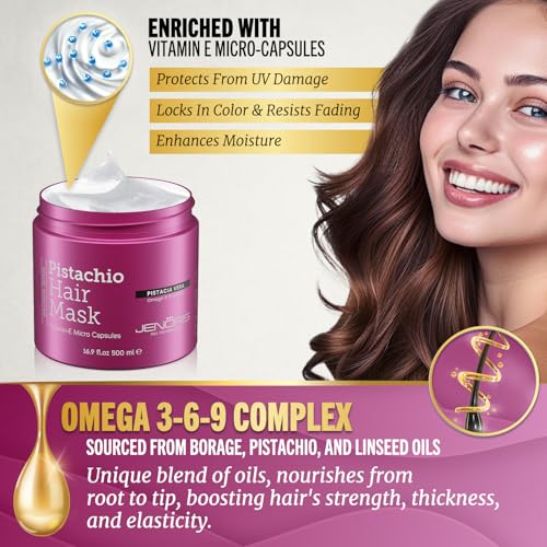 Jenoris Pistachio Hair Mask for Dry Damaged Hair – Deep Conditioning Hair Mask Treatment with Pistachio Oil & Vitamin E, For Color-Treated Hair, For Hair Repair, Paraben & Salt Free, 16.9 Fl Oz - Image 5