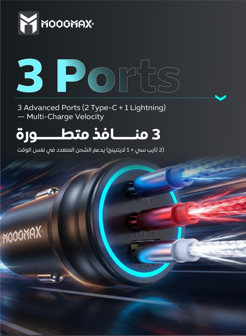 موجماكس شاحن سيارة سريع بقوة 65W. شاحن سيارة تايب سي بمنافذ(2*تايب سي) &(1*لايتنينج .ايفون) لاستخدام كيبل الايفون لشحن هاتفك الاندرويد. فيش سياره بحماية ضد الجهد الزائد. شاحن سياره حجم صغير وبأداء كبير. - Image 3