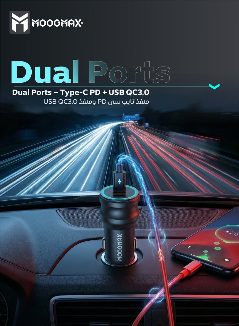 موجماكس شاحن سيارة سريع بقوة 65W. شاحن سيارة تايب سي بمنافذ(2*تايب سي) &(1*لايتنينج .ايفون) لاستخدام كيبل الايفون لشحن هاتفك الاندرويد. فيش سياره بحماية ضد الجهد الزائد. شاحن سياره حجم صغير وبأداء كبير. - Image 4