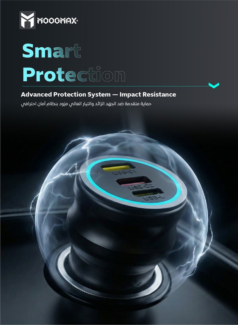 موجماكس شاحن سيارة سريع بقوة 65W. شاحن سيارة تايب سي بمنافذ(2*تايب سي) &(1*لايتنينج .ايفون) لاستخدام كيبل الايفون لشحن هاتفك الاندرويد. فيش سياره بحماية ضد الجهد الزائد. شاحن سياره حجم صغير وبأداء كبير. - Image 5