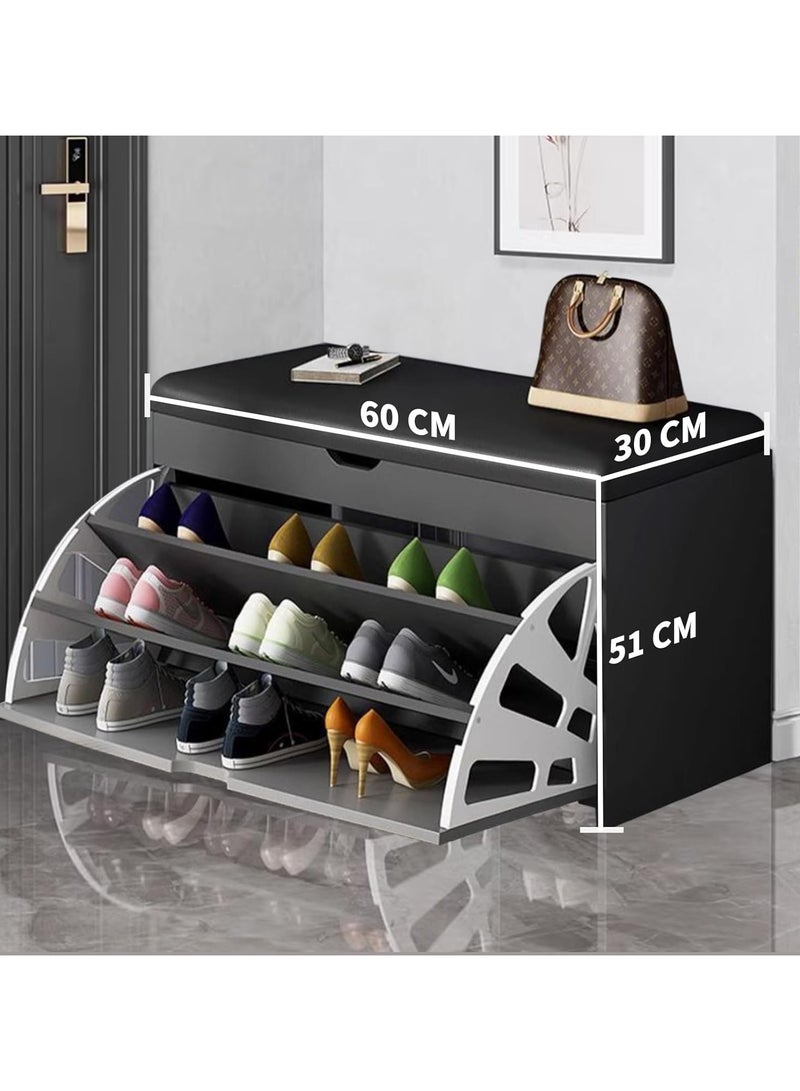 RATSAW Shoe Cabinet with 3 Flip Drawers Storage Shoe Bench with Padded Seat Entryway Bench with Lift Top Storage Box Modern Shoe Rack Organizer for Bedroom Hallway, Gray, 60x30x51cm - Image 2