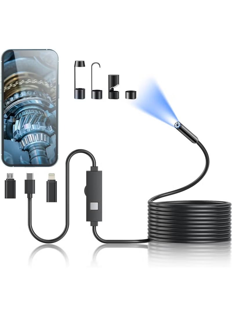 BlueFire 5M 1080P HD Smartphone Endoscope Inspection Camera – IP68 Waterproof Borescope  Semi-Rigid Snake Cable, USB OTG Type-C & Lightning Adapter for Android & iPhone – Ideal for Plumbing, Automotive, HVAC, and Wall Inspections - Image 1