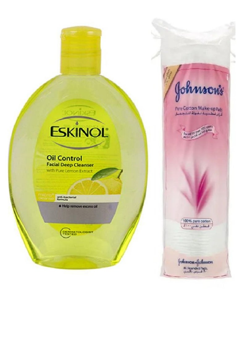 Eskinol Oil Control Facial Deep Cleanser With Pure Lemon Extract 225ml And Johnson's Pure Cotton Round Pads 80 Pieces