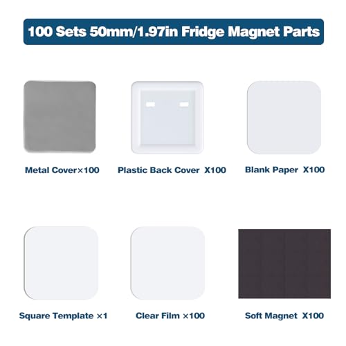 MK.Bear 100 Sets Square Button Parts，Fridge Magnet Button Maker Supplies for Square-Shaped Badge Maker Machine 50mm，Including Metal Cover, Plastic Back Cover, Clear Film, - Image 2