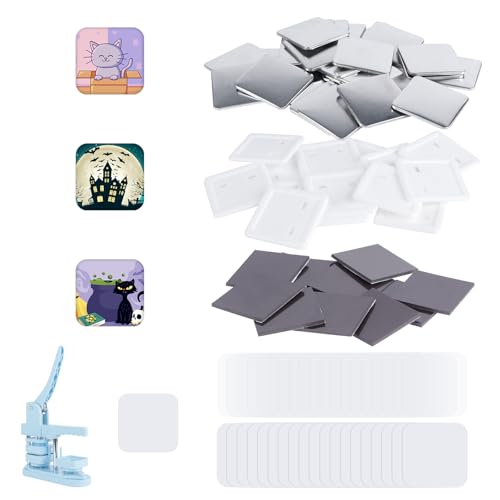 MK.Bear 100 Sets Square Button Parts，Fridge Magnet Button Maker Supplies for Square-Shaped Badge Maker Machine 50mm，Including Metal Cover, Plastic Back Cover, Clear Film, - Image 1