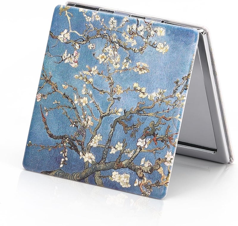 Dynippy Compact Mirror 3.15 inch Double-Sided 1X/2X Magnifying Bulk Pu Leather Makeup Mirrors Round Mirror for Purses Small Pocket Portable Hand Mirror for Woman Mother (F-Almond Blossom)