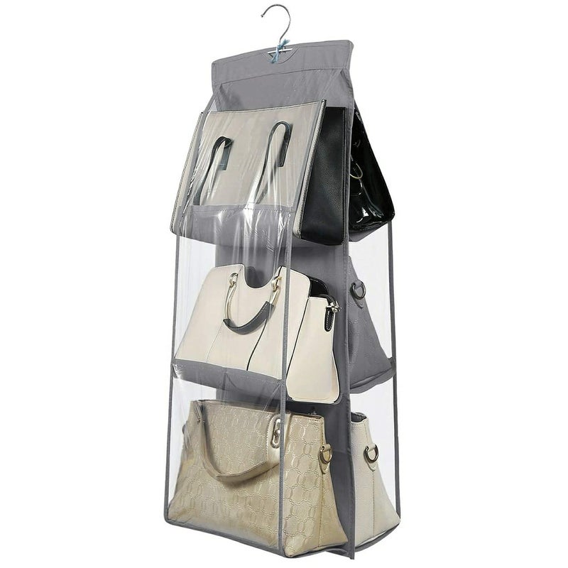 Kuber Industries Dust Proof Hanging Handbag Purse Clutch Organizer with 6 Large Compartments Hanger Pack of 2 Grey cotton - Image 2