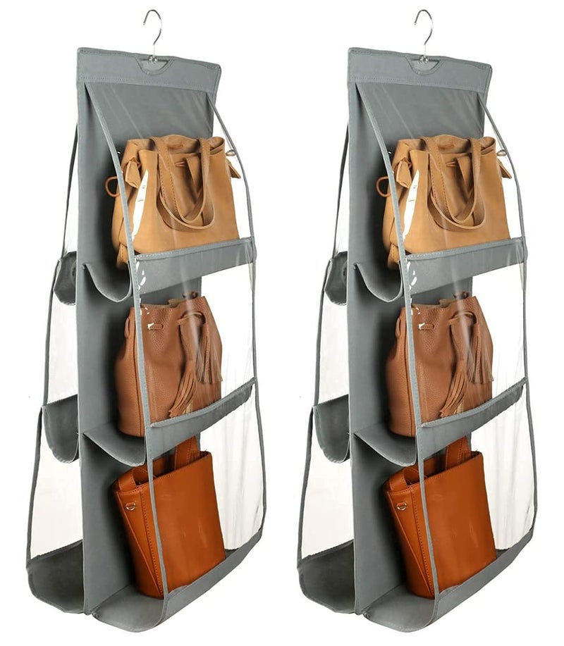 Kuber Industries Dust Proof Hanging Handbag Purse Clutch Organizer with 6 Large Compartments Hanger Pack of 2 Grey cotton - Image 1