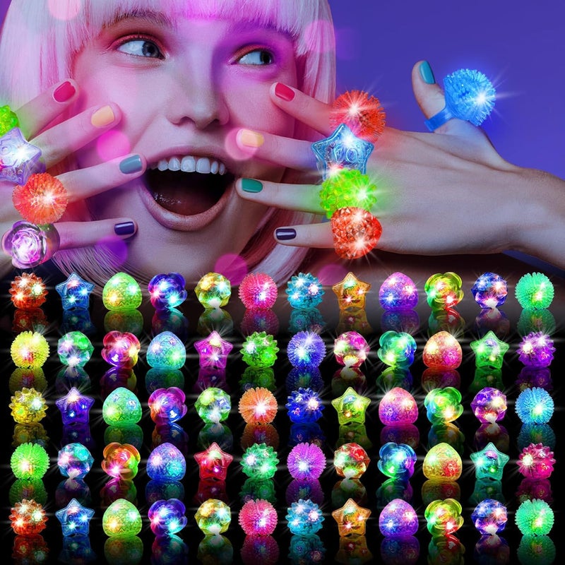 OLUPP Party Favors 100 Pcs Light Up Rings, Glow In The Dark Party Supplies, 6 Style Flashing Glow In The Dark Rings for Adults & Kids, LED Ring for Birthday, Concert, Raves, Halloween, Christmas - Image 1
