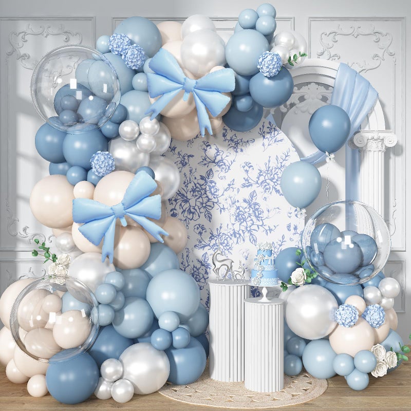Froova Dusty Blue Balloon Garland Arch Kit 107PCS Dusty Fog Blue and White Balloons with Bow Balloon Decor for Coquette Birthday Baby Bridal Shower Wedding Party Decorations - Image 3
