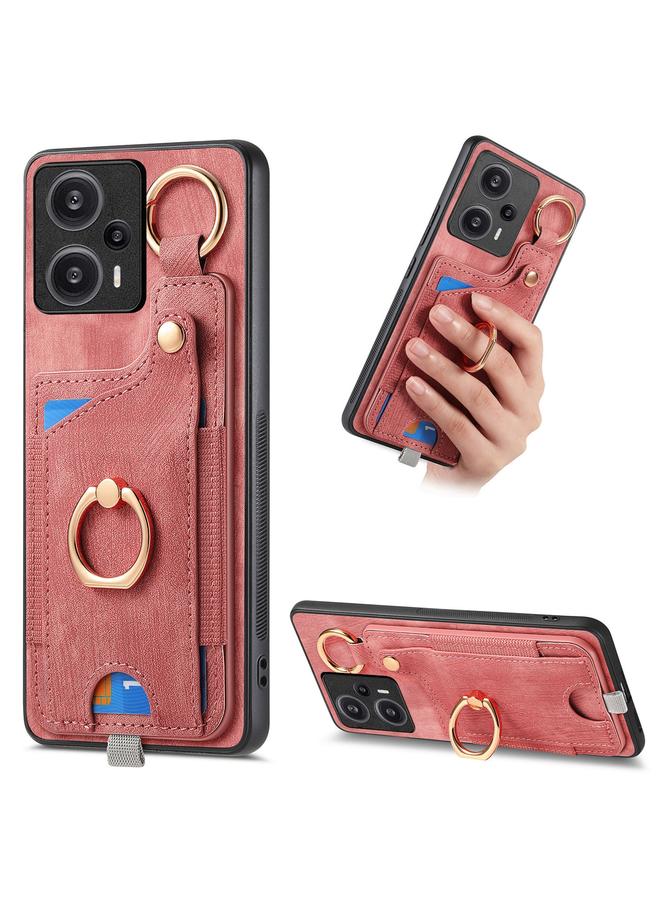 Green Tiger For Redmi Note 12 Turbo Retro Skin-feel Ring Card Bag Phone Case with Hang Loop(Pink)