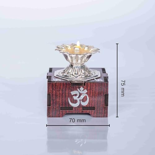 SolarBasket Wood Akhand Solar Diya For Puja,Temple,Home Decoration 1 Bati (Vat) Battery Operated Light Silver Coated Devdas Gifting Diva Pooja,Led Wicks Aarti Niranjan/Deepak (Pack Of 1) - Image 3